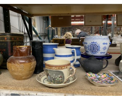 A QUANTITY OF CERAMICS TO INCLUDE T G GREEN BLUE AND WHITE STORAGE JARS, AN ORIENTAL STYLE PLANTER, ADAMS LARGE CUP AND PLATE