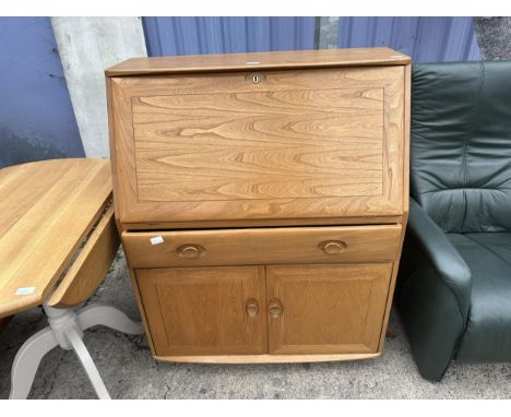 AN ERCOL ELM BUREAU WITH DRAWER AND CUPBOARDS TO BASE (DRAWER IS STUCK), 36" WIDE