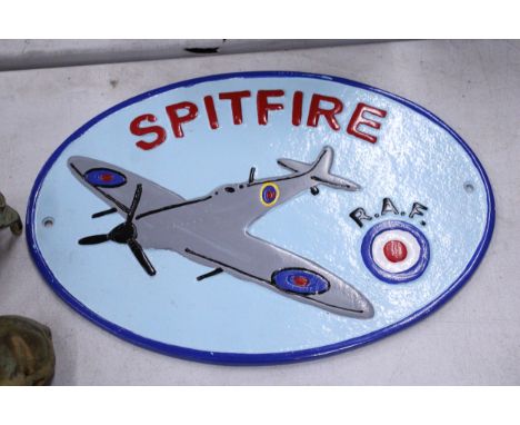 A LIGHT BLUE ALLOY SPITFIRE SIGN, 29CM X 20CM