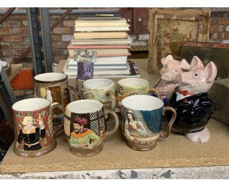 SIX VINTAGE BESWICK SHAKESPEARE THEMED MUGS, TWO NAT WEST PIGGY BANKS PLUS TWO WHITEFRIAR STYLE CANDLE HOLDERS