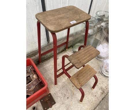 A WOODEN AND METAL KITCHEN STEP STOOL