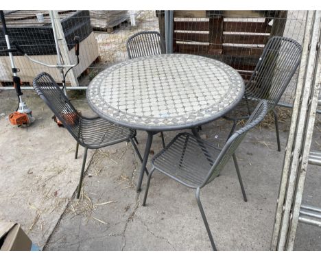A LARGE TILE TOPPED ROUND TABLE AND FOUR CHAIRS