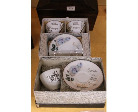 TWO BOXED GLADSTONE CHINA SILVER WEDDING SETS TOGETHER WITH 19 VINTAGE POSTCARDS