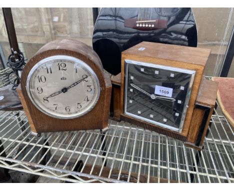 AN ART DECO OAK CASED WESTMINISTER CHIMING MANTLE CLOCK AND A FURTHER BULLE MANTLE CLOCK