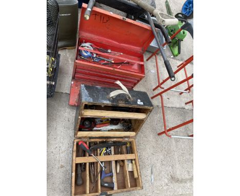 TWO TOOL BOXES WITH AN ASSORTMENT OF TOOLS TO INCLUDE DRILLS, SCREW DRIVERS AND HACK SAWS ETC