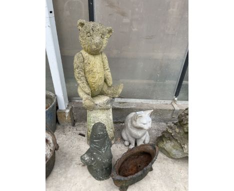 FIVE VARIOUS GARDEN ITEMS TO INCLUDE A CONCRETE TEDDY BEAR, A CAST IRON PLANTER AND A PEDESTAL BASE ETC