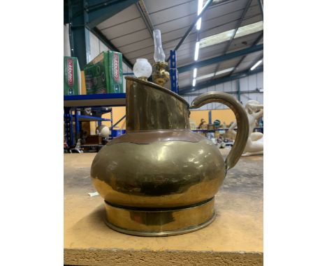 A HAND CRAFTED COPPER AND BRASS BELGIUM MILK PITCHER, HEIGHT 26CM