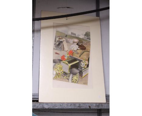 A LARGE LIMITED EDITION VINTAGE FRENCH PRINT OF A VINTAGE CAR SCENE, SIGNED IN PENCIL, MEONIER