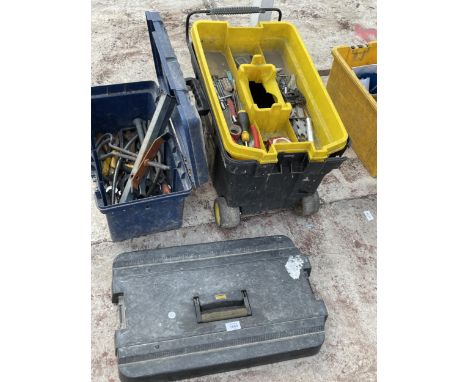 TWO PLASTIC TOOL BOXES WITH AN ASSORTMENT OF TOOLS AND HARDWARE TO INCLUDE SCREW DRIVERS AND CLAMPS ETC