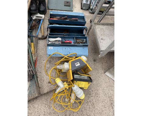 A TOOL BOX WITH AN ASSORTMENT OFTOOLS AND A 110V WORKLIGHT AND JUNCTION BOX