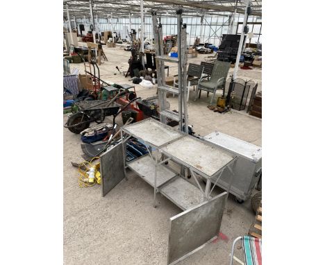 AN ALUMINIUM THREE WAY FOLDING LADDER AND AN ALUMINIUM TWO TIER BENCH