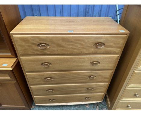 AN ERCOL ELM CHEST OF FIVE DRAWERS, 36" WIDE
