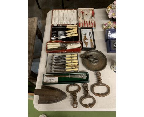 A QUANTITY OF NOXED VINTAGE FLATWARE PLUS A LETTER OPENER, VINTAGE FLAT IRON, ETC