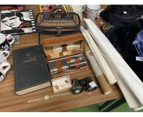 A MIXED LOT TO IINCLUDE A PAIR OF OPERA GLASSES, GENTLEMEN'S GROOMING KIT, BASKET HANDBAG, VINTAGE POSTERS, ETC