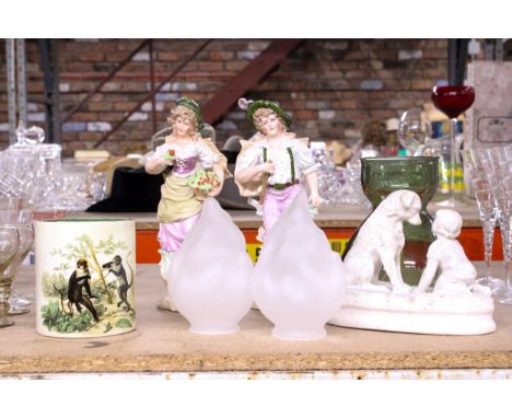A MIXED LOT TO INCLUDE A PAIR OF VINTAGE GLASS FLAME SHAPED SHADES, A PAIR OF LARGE CONTINENTAL FIGURES, A STONEWARE FIGURE O