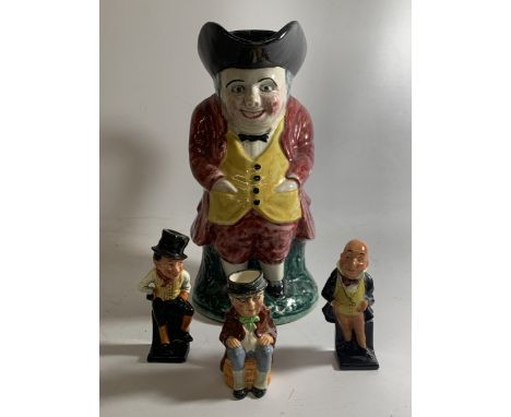 A LARGE VINTAGE TOBY JUG TOGETHER WITH A DOULTON FIGURE OF MR MICAWBER AND SAM WELLER AND ANOTHER EXAMPLE