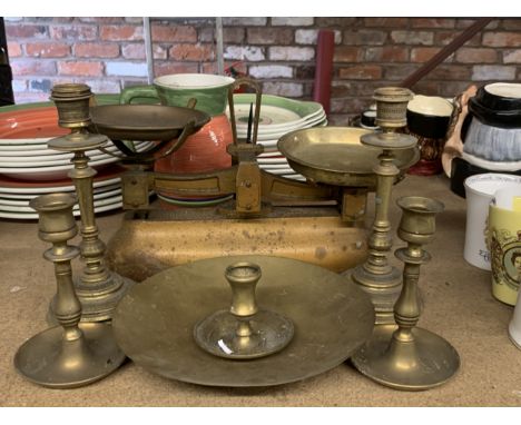 A VINTAGE SET OF CAST AVERY SCALES, PLUS FIVE BRASS CANDLESTICKS