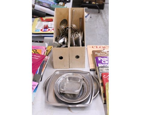 A QUANTITY OF VINTAGE FLATWARE, ETC TO INCLUDE CIGARETTE BOXES, STAINLESS STEEL DISHES AND TRAYS, ETC