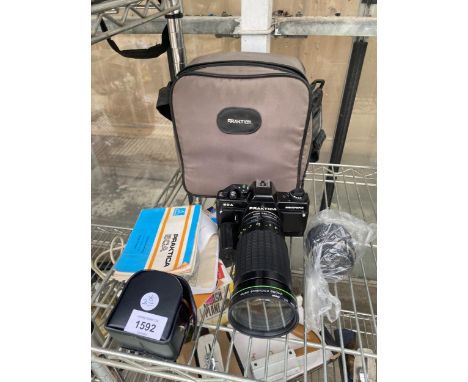 A PRAKTICA BCA CAMERA, TWO SPARE LENS' AND A CAMERA BAG ETC