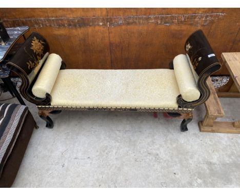 AN ORIENTAL STYLE BENCH SEAT WITH SCROLL ENDS AND CHINOISERIE ALL ROUND DECORATION