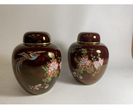 A PAIR OF CARLTONWARE ROUGE ROYAL BIRD OF PARADISE GINGER JARS - 20 CM (H)