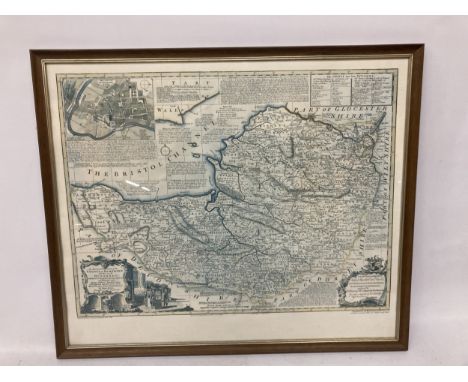 A LARGE FRAMED PRINT OF A VINTAGE MAP OF SOMERSET, 66CM X 78CM
