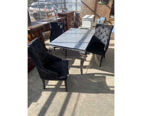A DINING TABLE WITH SMOKED GLASS TOP, 59" X 35" AND POLISHED CHROME LEGS AND THREE BUTTON BACK DINING CHAIRS
