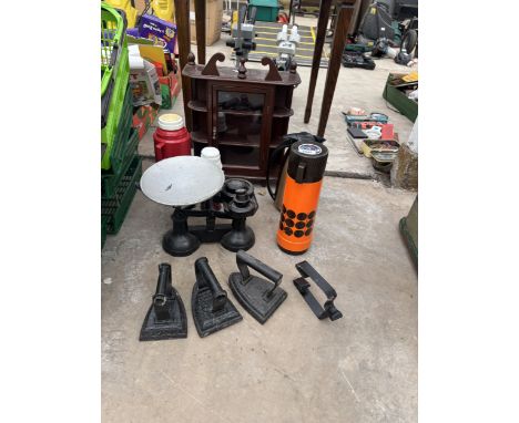 AN ASSORTMENT OF ITEMS TO INCLUDE FLAT IRONS AND SCALES AND WEIGHTS ETC