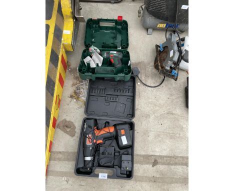TWO POWER TOOLS TO INCLUDE A CHALLENGE BATTERY DRILL AND A BOSCH BATTERY DRILL