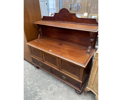 A VICTORIAN MAHOGANY BUFFET SIDEBOARD WITH CUPBOARD AND DRAWERS TO BASE AND BACK SHELF, 58" WIDE