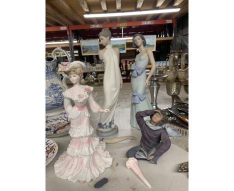 FOUR FIGURINES TO INCLUDE COALPORT 'LADY ALICE', TWO NAO LADIES SAND AN ELISE FIGURE - ALL A/F