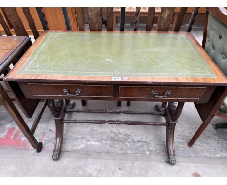 A MAHOGANY SOFA TABLE WITH INSET LEATHER TOP