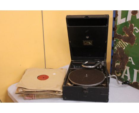 A VINTAGE HIS MASTERS VOICE GRAMOPHONE WITH A COLLECTION OF 78 RPM RECORDS