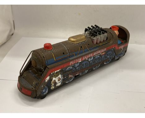 A 1969 MASUDAYA TIN PLATE JAPANESE PISTON SILVER MOUNTAIN LOCOMOTIVE, LENGTH 40CM