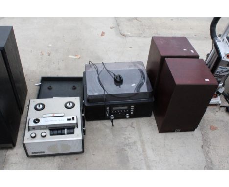 AN ASSORTMENT OF ITEMS TO INCLUDE A TAPE TO TAPE PLAYER, A TEAC RECORD PLAYER AND TWO WHARFEDALE SPEAKERS