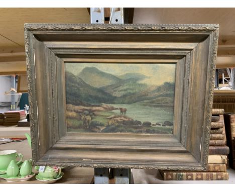 A VINTAGE OIL ON CANVAS PAINTING OF HIGHALAND COWS IN A MOUNTAINOUS LANDSCAPE, FRAMED, 38CM X 49CM