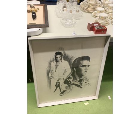 A LARGE FRAMED PRINT OF ELVIS, 73CM X 65CM