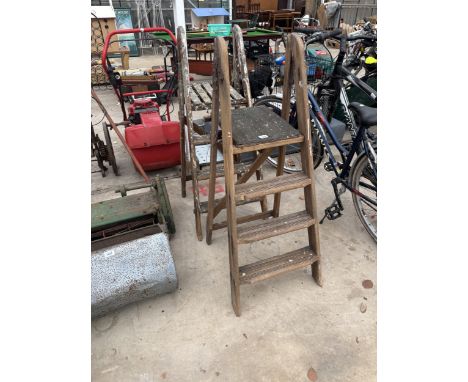 TWO VINTAGE WOODEN THREE RUNG STEP LADDERS