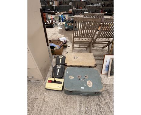 TWO VINTAGE TRAVEL CASES, TWO BATHROOM SCALES AND A EWBANK SWEEPER ETC