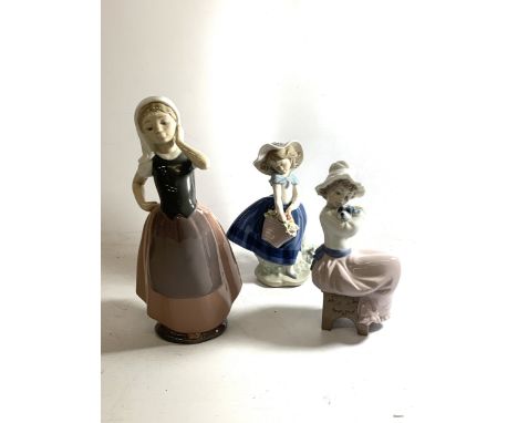 TWO NAO FIGURINES "PEASANT GIRL" AND "A BIG HUG" TOGETHER WITH A LLADRO FIGURINE "PRETTY PICKINGS"