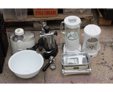 AN ASSORTMENT OF ITEMS TO INCLUDE A COFFEE MACHINE, A JUICER AND SCALES ETC