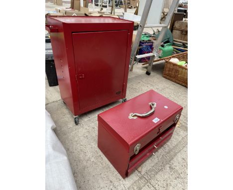 A RED METAL M-TEC TOOL TROLLEY AND A FURTHER METAL TOOL BOX