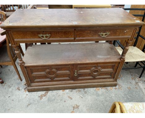A VICTORIAN OAK AND WALNUT BUFFET SIDEBOARD ENCLOSING TWO DRAWERS AND TWO CUPBOARDS, 56" WIDE