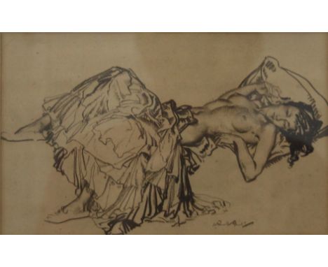 A print of a WILLIAM RUSSELL FLINT pencil sketch of a Semi Clothed Lady, framed and glazed. 23.5 x 15 cm.