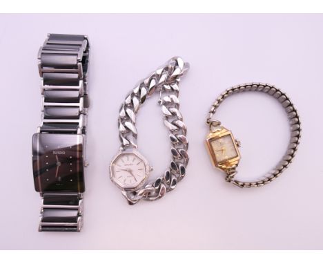 A Rado wristwatch with guarantee and original receipt, a Gruen ladies wristwatch and an Avia ladies wristwatch.  Rado 3 x 2.2