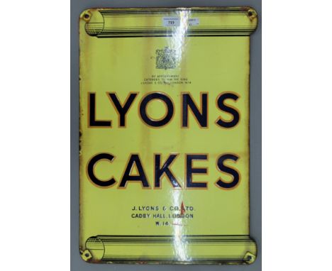A Lyons Cakes double sided enamel sign. 38 x 54.5 cm.