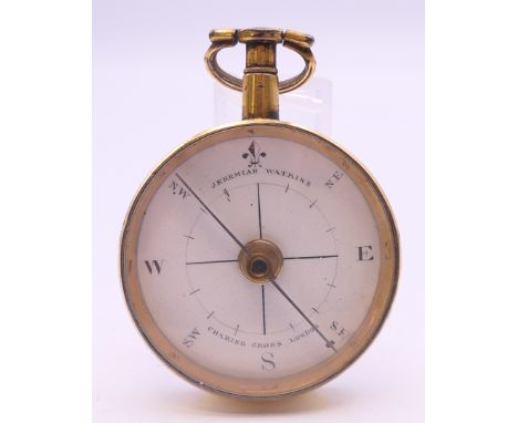 A small gilded brass 18th century compass with enamelled dial, Jeremiah Watkins, Charing Cross, London 1798-1810, in remains 