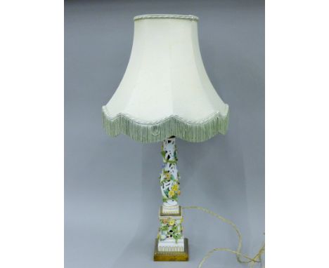 An early 20th century Samson porcelain reticulated and flower encrusted columnar lamp base with gilt metal mounts. 63 cm high