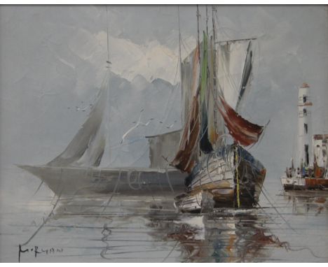 Boats in a Harbour, oil on canvas, signed M Ryan, framed. 49.5 x 39.5 cm.