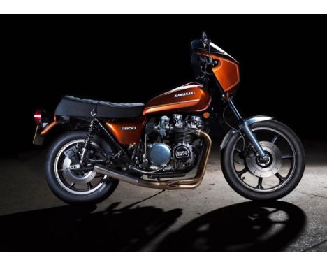 A 1977 Kawasaki Z650R, registration number TNT 306R, cola. This Z650 has been restored to a very high standard. The Z feature